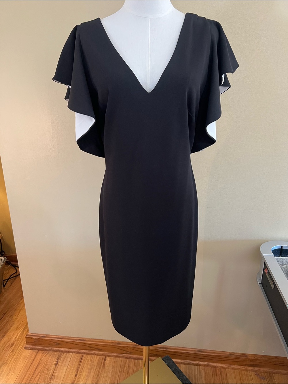 Classic Black V-Neck Flutter Sleeve Dress